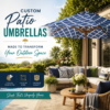 Custom patio umbrella shading a stylish outdoor living space with comfortable seating and vibrant decor.