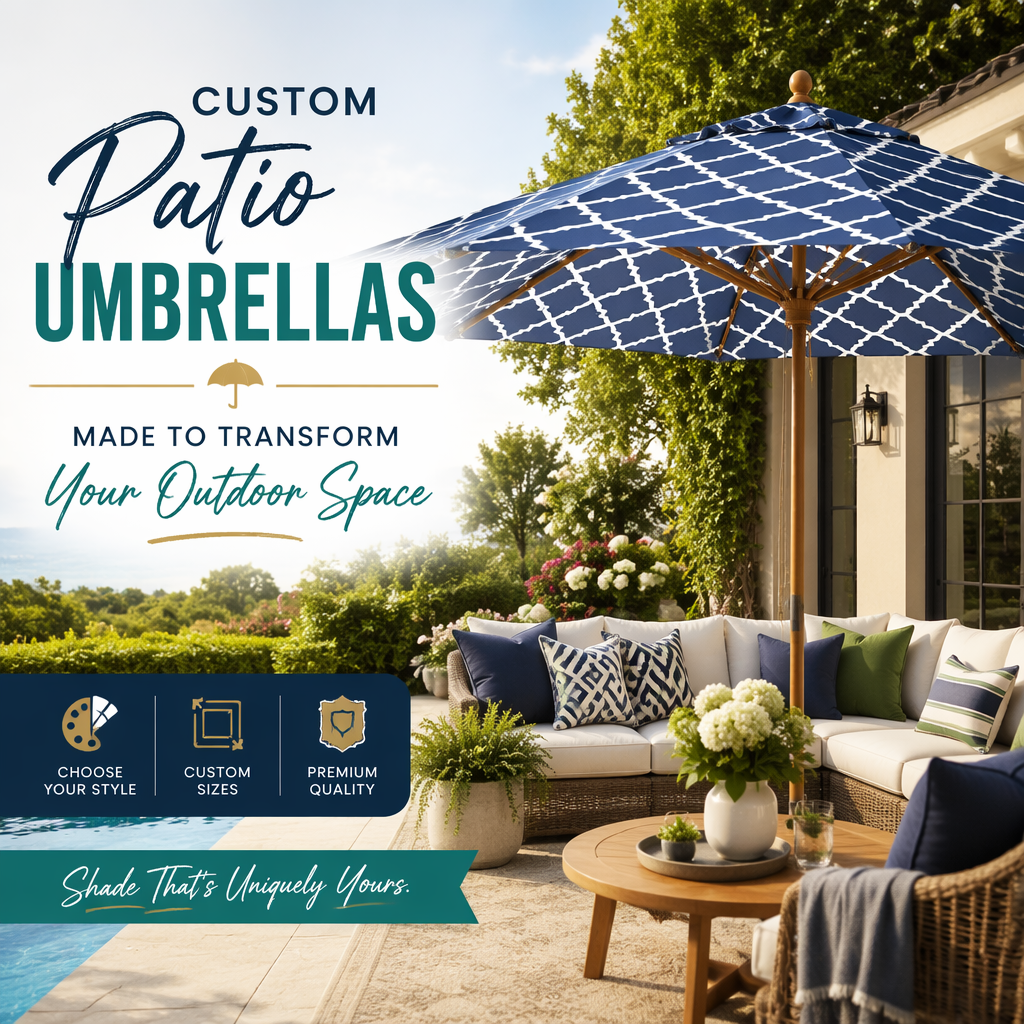 Custom patio umbrella shading a stylish outdoor living space with comfortable seating and vibrant decor.