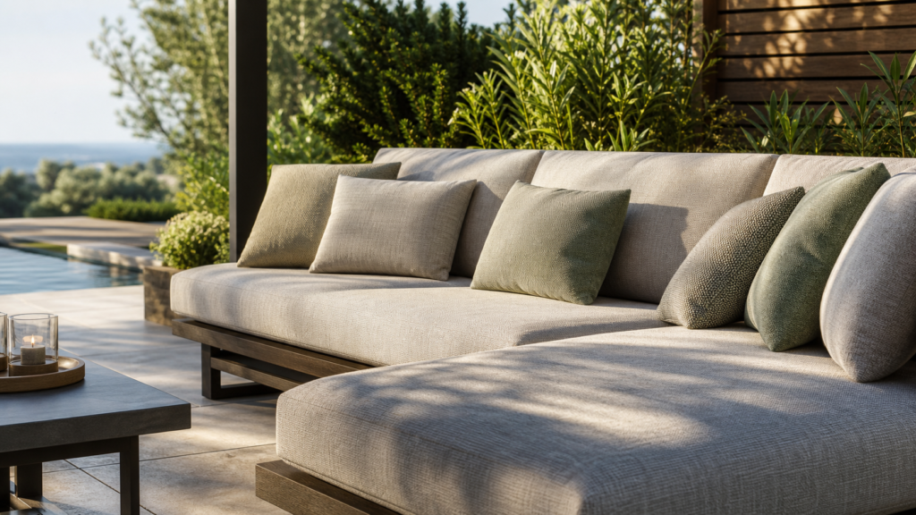 Modern outdoor patio sofa with an outdoor lounge cushion overlooking a garden and pool