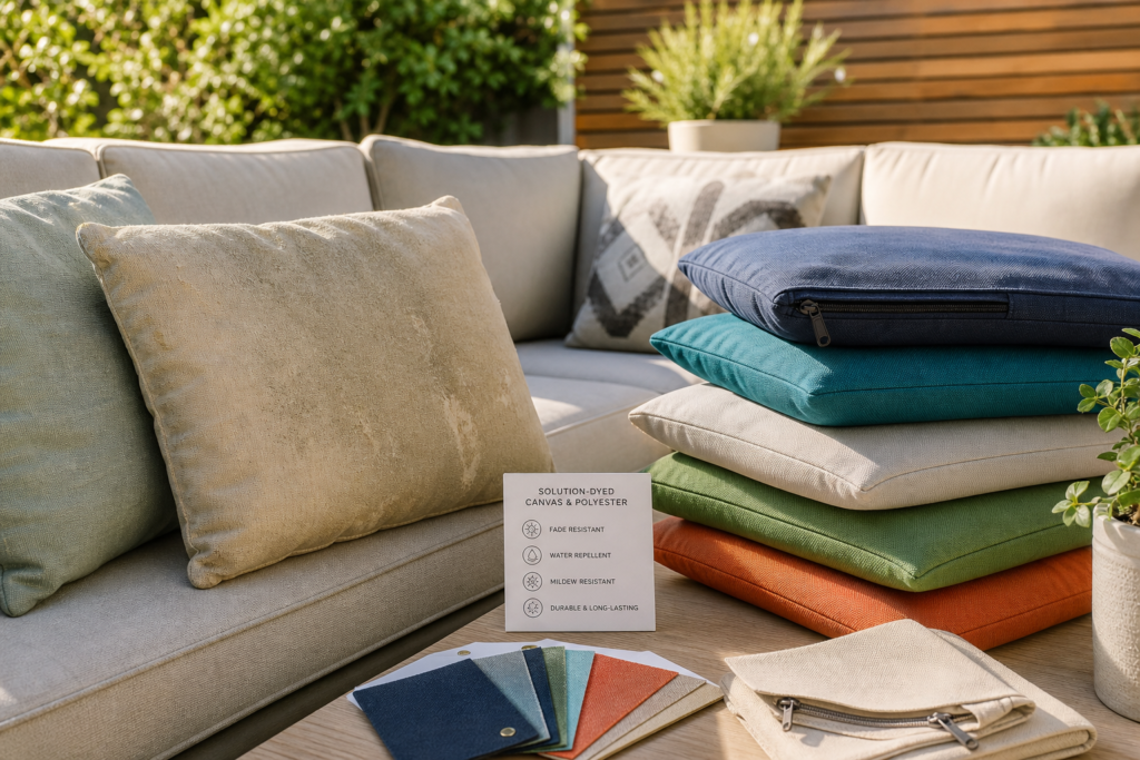 Outdoor patio sofa with colorful cushions and pillow replacement cover fabric samples.