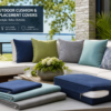Outdoor patio cushions and pillow replacement covers on a sofa set overlooking a scenic lake.