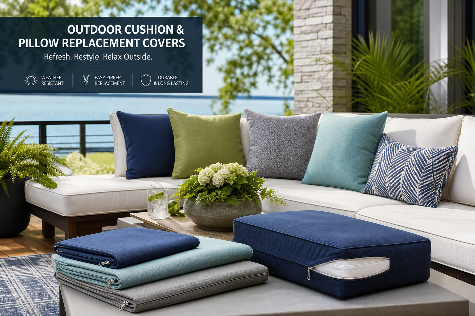 Outdoor patio cushions and pillow replacement covers on a sofa set overlooking a scenic lake.