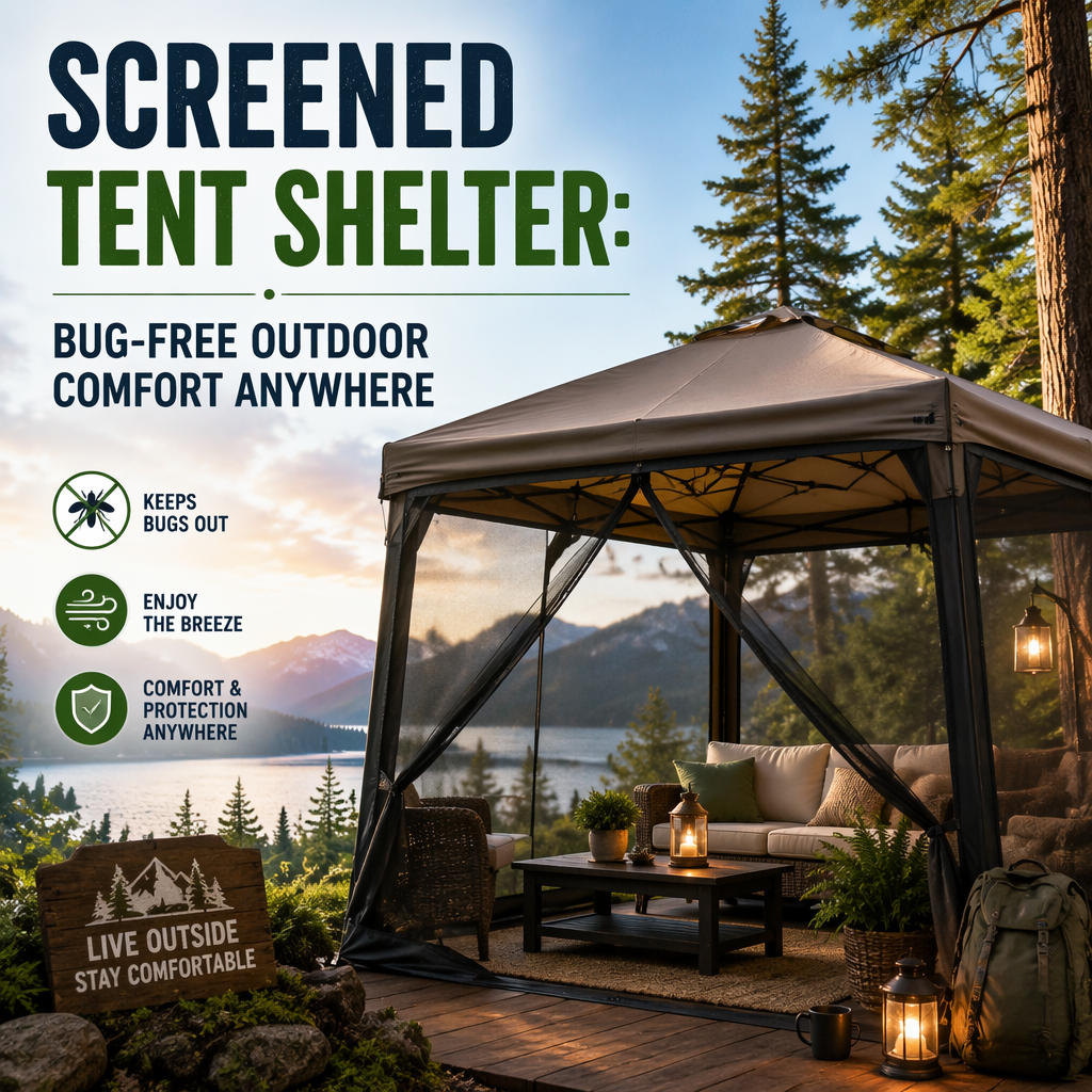 Screened tent shelter offering bug-free outdoor comfort in nature.