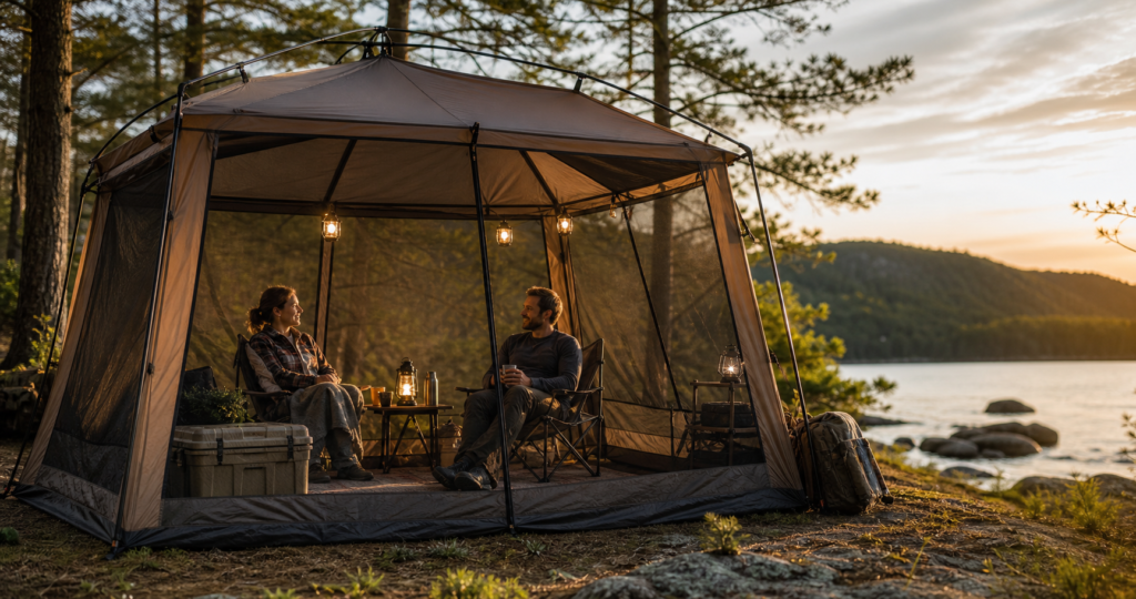 Two people talk inside a screened tent shelter beside a lake at sunset.