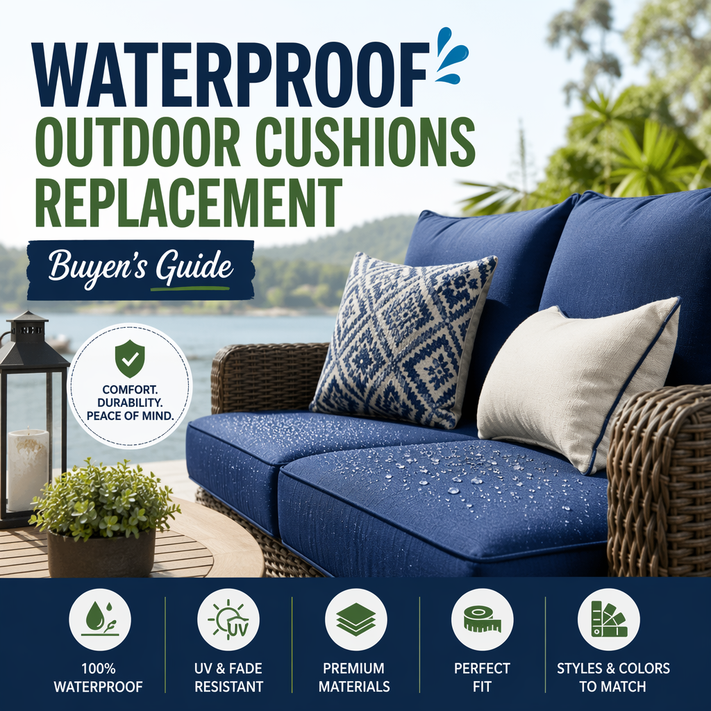 Waterproof outdoor replacement cushions in durable, UV-resistant fabrics for patio furniture.
