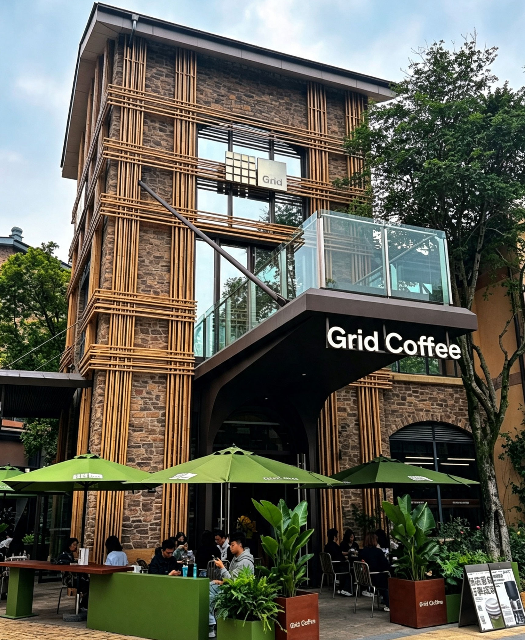 Outdoor umbrellas for a cafe patio and sidewalk seating area