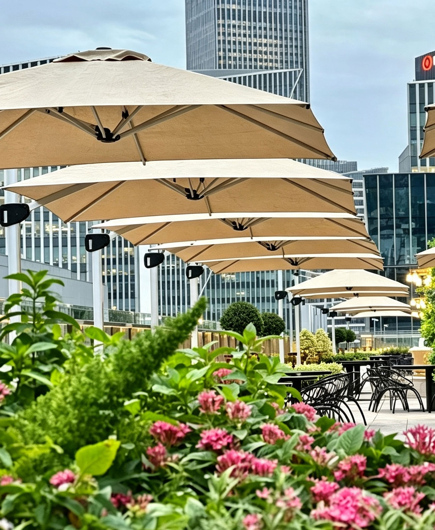 Outdoor shade products for a commercial plaza and terrace