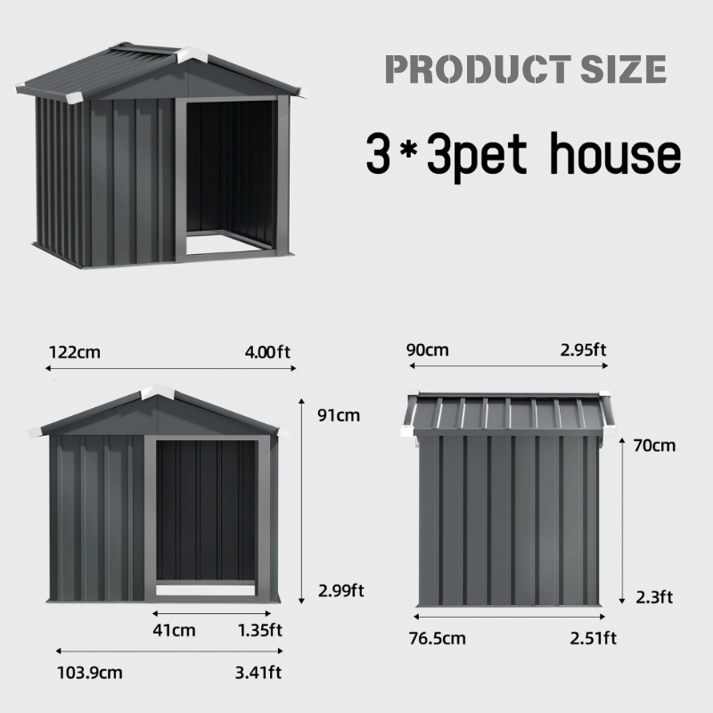 3x3ft outdoor metal dog house dimension diagram with front width 122 cm, depth 90 cm and maximum height 91 cm