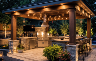 Modern BBQ gazebo with outdoor kitchen, dining area, pergola, and warm ambient lighting in a stylish backyard