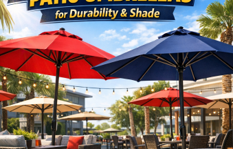 Commercial patio umbrellas shading outdoor seating in a restaurant patio area