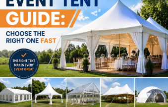 Event tent guide showing frame, high peak, clear top, pole, and dome tent options for different occasions