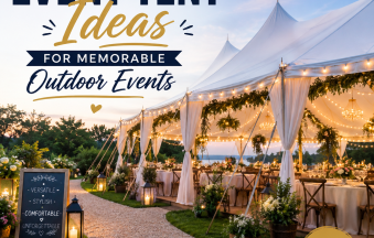 Elegant event tent with lights and greenery for weddings and outdoor celebrations