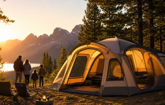 Family camping at sunset beside a large tent with mountain forest and lake views
