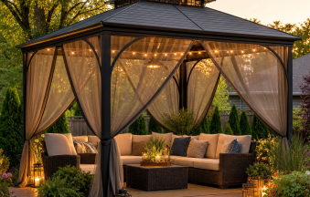 Cozy garden gazebo with mosquito netting, string lights, and comfy seating for bug-free relaxation