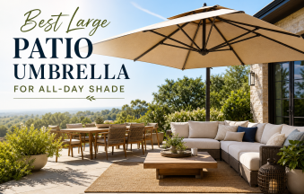 Large patio umbrella providing shade over comfortable outdoor seating and dining areas.