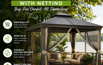 Outdoor gazebo with netting on a patio for bug-free outdoor comfort and weather protection