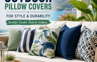 Stylish outdoor pillow covers on patio seating, fade-resistant, water-repellent, and easy to clean