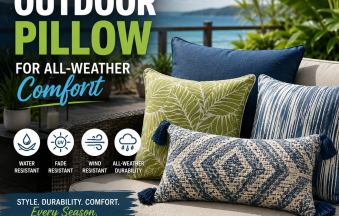 Outdoor pillow on patio chair, shown for all-weather comfort with water, fade, wind, and durable features