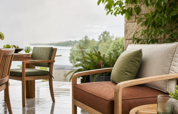 Cozy wooden patio chairs with waterproof outdoor seat cushions surrounded by lush greenery and a scenic view