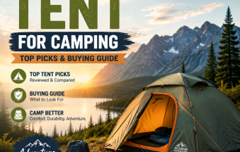 Outdoor tent set up at a campsite with camping gear, showing a durable shelter for outdoor camping.
