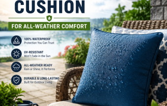 Waterproof outdoor cushion on patio chair, designed for all-weather comfort and UV resistance.