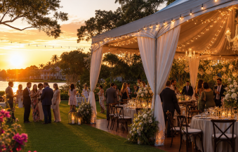 Elegant outdoor wedding reception under a decorated party tent at sunset