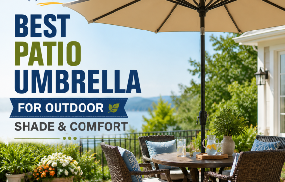 Outdoor patio umbrella providing shade and UV protection on a sunny patio