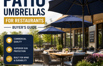 Outdoor restaurant patio with stylish blue commercial patio umbrellas providing shade and sun protection