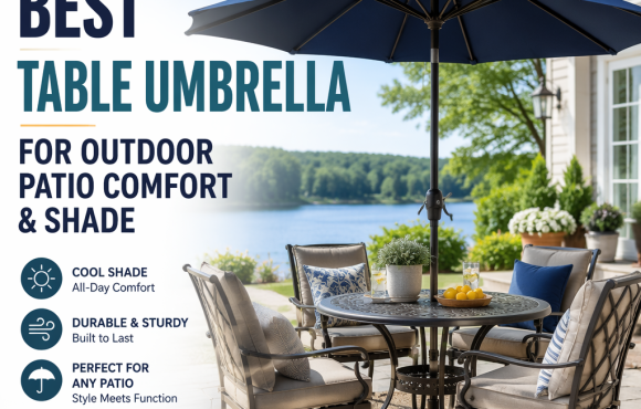 Table umbrella providing shade and comfort over an outdoor patio dining table.