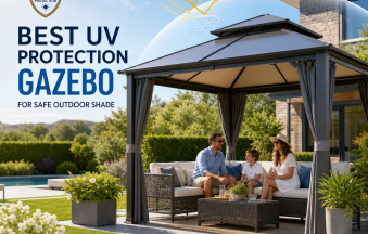 UV protection gazebo providing safe outdoor shade over a patio seating area