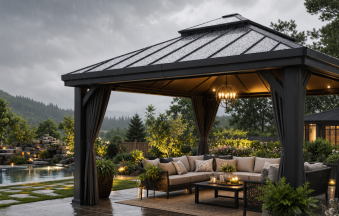 Modern waterproof outdoor gazebo with cozy seating and warm lights on a rainy evening