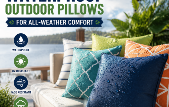 Waterproof outdoor pillows on patio chairs, designed for all-weather comfort with UV and fade resistance