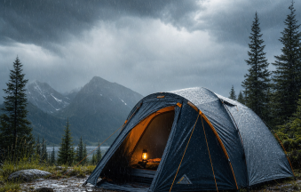 Waterproof camping tent glowing in a rainy mountain forest at night