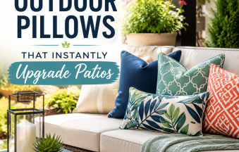 Custom outdoor pillows on a stylish patio sofa, adding color and comfort to an outdoor living space.
