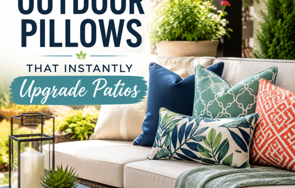 Custom outdoor pillows on a stylish patio sofa, adding color and comfort to an outdoor living space.