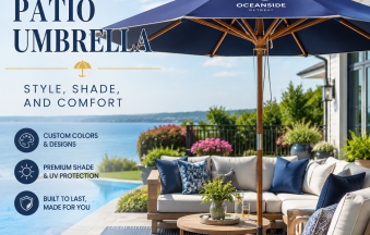 Custom patio umbrella shading an outdoor living space with a stylish, comfortable seating area