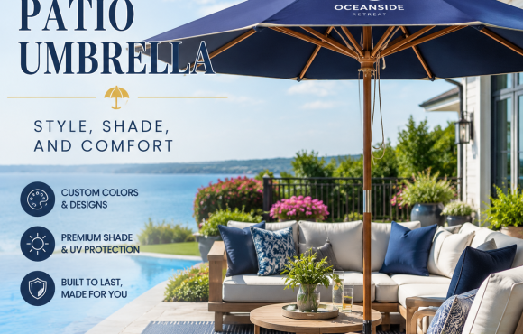 Custom patio umbrella shading an outdoor living space with a stylish, comfortable seating area