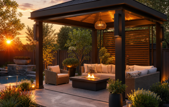 Freestanding gazebo with open sides and a pitched roof in a stylish outdoor garden setting