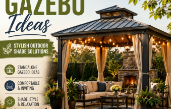 Freestanding gazebo with seating in a stylish backyard outdoor shade area