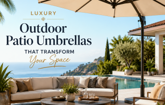 Luxury patio umbrella shading a stylish outdoor seating area with a modern, upscale look