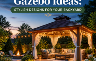 Stylish outdoor gazebo with cozy seating and ambient lighting in a backyard