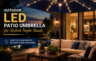 Outdoor LED patio umbrella with built-in lights, tilt crank, and weather-resistant shade at night