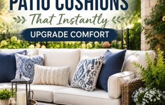 Outdoor patio cushions on a wicker sofa in a garden, adding comfort and style