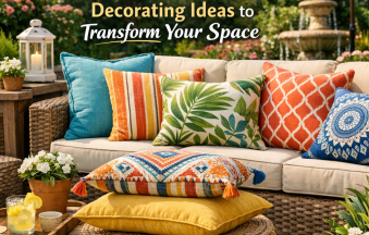 Colorful outdoor pillows arranged on patio furniture for stylish garden decor ideas.