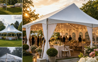 Elegant party tents in a scenic garden, set up for weddings and outdoor gatherings