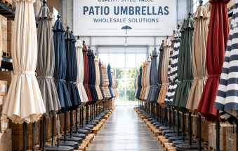 Wholesale patio umbrellas in various colors displayed in a warehouse storage area