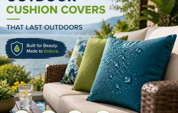 Waterproof outdoor cushion covers on patio chairs, built for UV resistance and easy cleaning